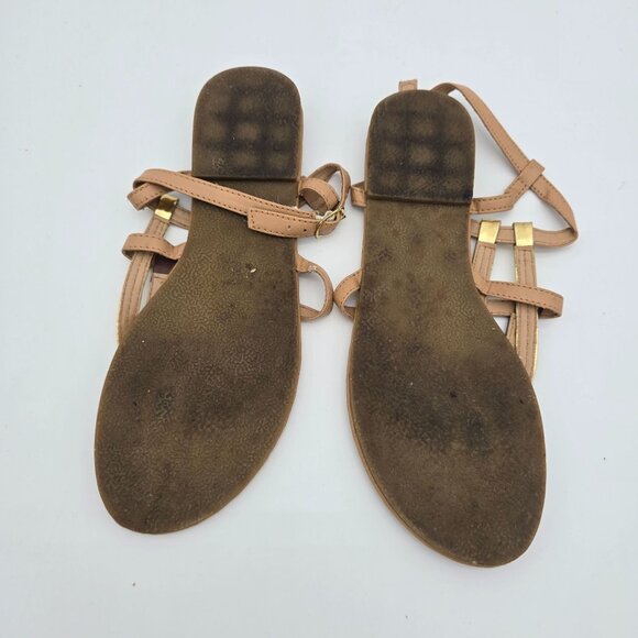 Rue21 Etc Tan Flat Sandals Size 6/7 With Gold & Brown Straps Adjustable Buckle C - Picture 8 of 8